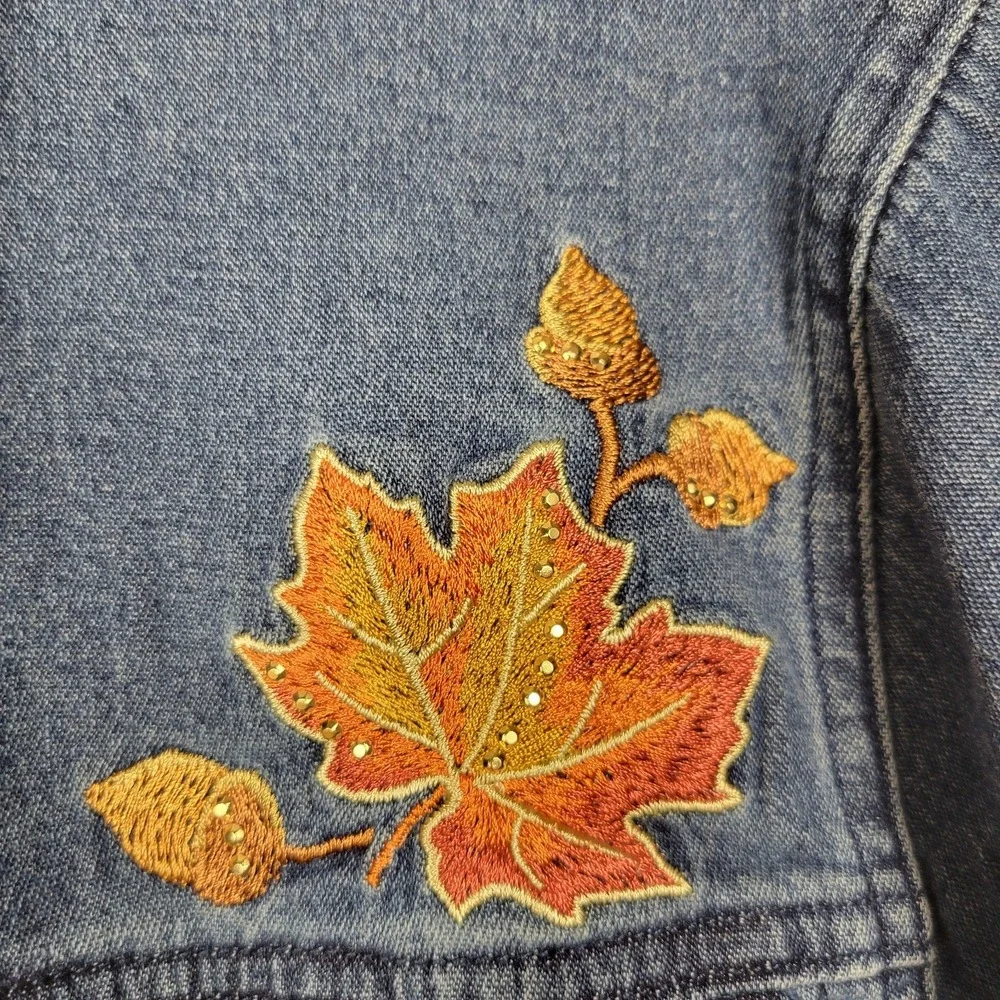 Quacker Factory Lightweight Denim Jacket Women's L Leaf Embroidery Sparkle - Picture 6 of 14